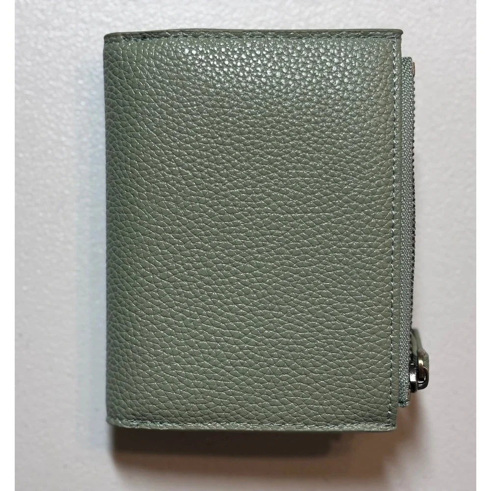 Bifold Wallet Women Small Sage Green Pebbled Faux Leather Snap Zipper NEW in box